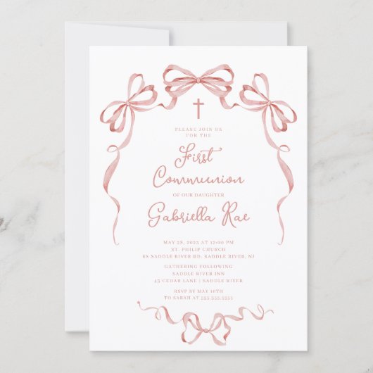 Blush Bow First Communion Invitation (Devant)