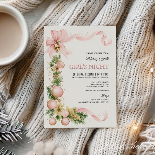 Blush Bow Ornament Christmas Party Invitation Kaart