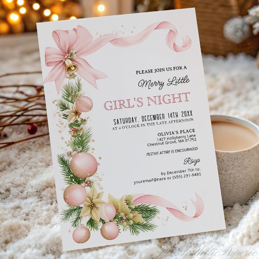 Blush Bow Ornament Christmas Party Invitation Kaart