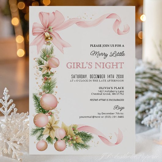 Blush Bow Ornament Christmas Party Invitation Kaart