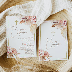 Blush Brown Boho Floral Baptism Uitnodiging