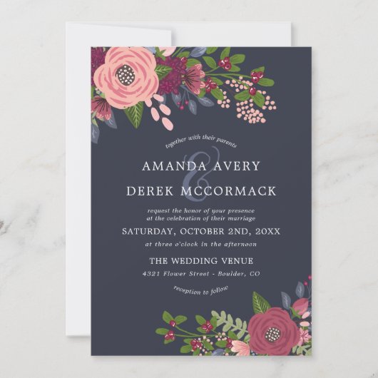 Blush & Burgundy - Faire-part de mariage bleu fonc (Devant)