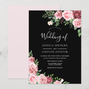 Blush Burgundy Floral Black Elegant Wedding Invite Kaart