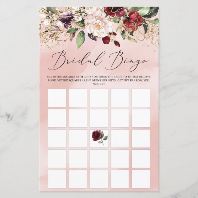 Blush Burgundy Floral Boho Bridal Bingo Game (Voorkant)