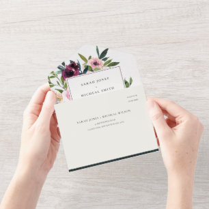 BLUSH BURGUNDY FLORAL BUNCH WATERVERF WEDING ALL IN ONE UITNODIGING