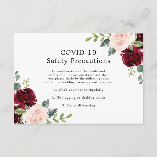 Blush & Burgundy Floral Wedding COVID-19 Safety Informatiekaartje (Voorkant)