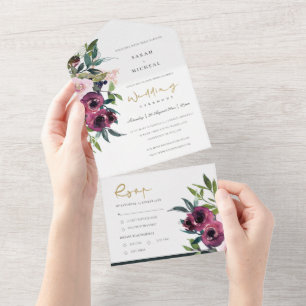 BLUSH BURGUNDY FLORALE BOeket WATERVERF HUWELIJK A All In One Uitnodiging