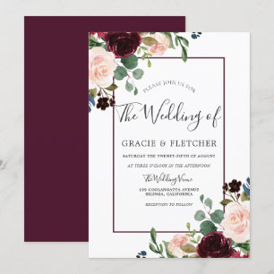 Blush & Burgundy Flowers Border Lijst Weddenschap Kaart