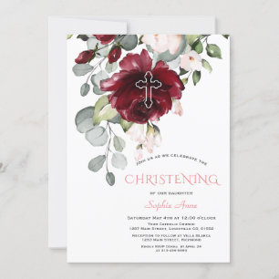 Blush Burgundy Flowers Cross Girl Christening Kaart