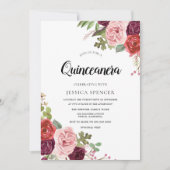 Blush & Burgundy Flowers Trendy Quinceanera Invite Kaart (Voorkant)