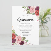 Blush & Burgundy Flowers Trendy Quinceanera Invite Kaart (Staand voorkant)