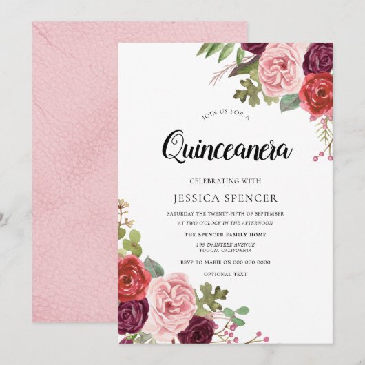Blush & Burgundy Flowers Trendy Quinceanera Invite Kaart (Voorkant / Achterkant)