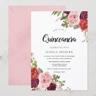 Blush & Burgundy Flowers Trendy Quinceanera Invite Kaart