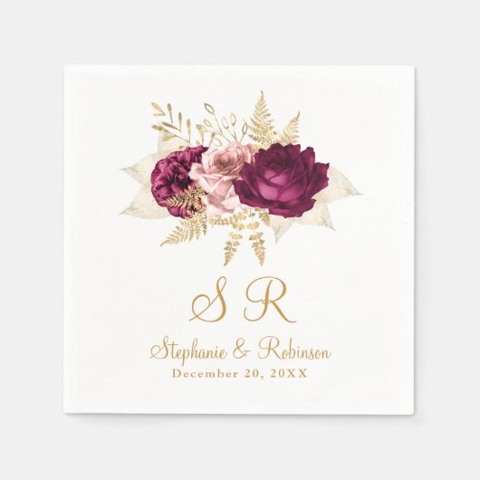 Blush Burgundy Gold Floral Monogram Weduwpapier Servet (Voorkant)