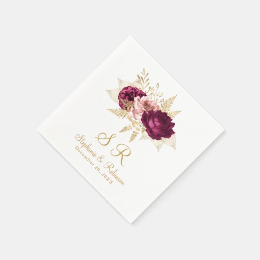Blush Burgundy Gold Floral Monogram Weduwpapier Servet (Hoek)