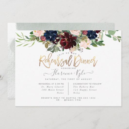 Blush Burgundy Navy Rehearsal Dinner Invitation Kaart (Voorkant / Achterkant)