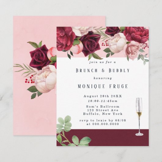 Blush Burgundy Peony Chic Brunch & Bubble Invites Kaart (Voorkant / Achterkant)