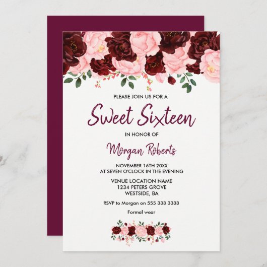Blush Burgundy Roos Sweet 16 Script Invite Kaart (Voorkant / Achterkant)