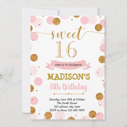 Blush confetti 16e anniversaire invitation (Devant)