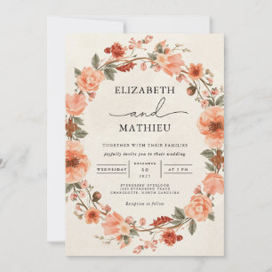 Blush Coral Floral Wreath Wedding Kaart