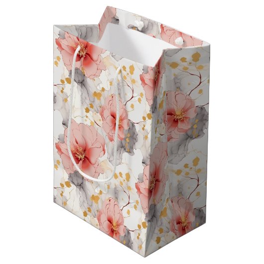 Blush Coral Grey Bloemen bruiloft Medium Cadeauzakje (Voorkant Gekanteld)