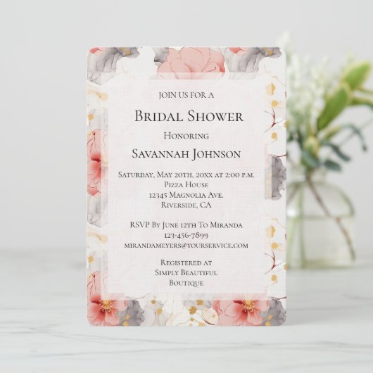 Blush Coral Grey Floral Vrijgezellenfeest Kaart (Staand voorkant)