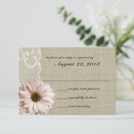 Blush Daisy en Lace Country Burlap Reactie RSVP Kaartje (Staand voorkant)