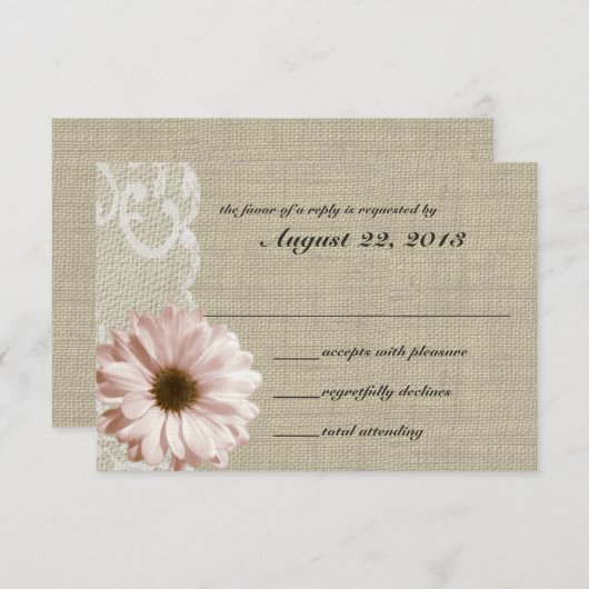Blush Daisy en Lace Country Burlap Reactie RSVP Kaartje (Voorkant / Achterkant)