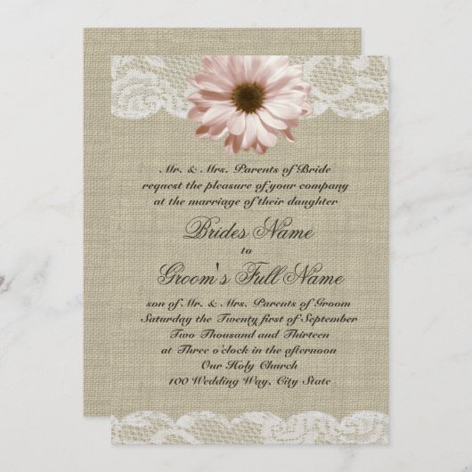 Blush Daisy en Lace Country Burlap Wedding Kaart (Voorkant / Achterkant)