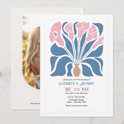 Blush & Denim Clay Abstract Floral Boho Wedding Kaart (Voorkant / Achterkant)