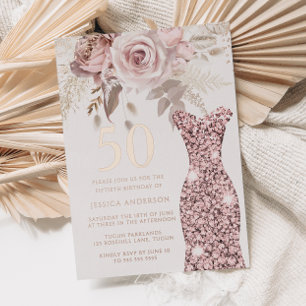Blush Dress Fabulous 50th Birthday Roos Gold Folie Uitnodiging