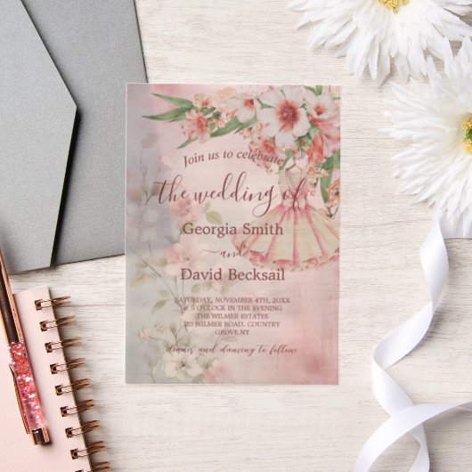  Blush Dress Wedding Vellum Uitnodigingen (Huwelijk)