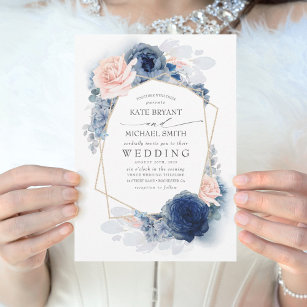 Blush Dusty and Navy Blue Floral Wedding Kaart