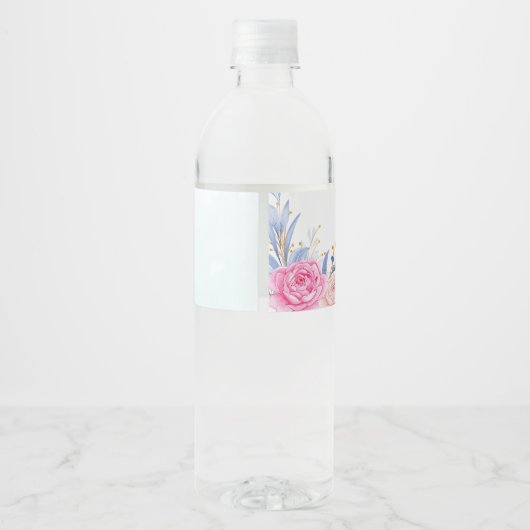 Blush Dusty Blue Eucalyptus Roos Floral Wedding Waterfles Etiket (Achterkant)