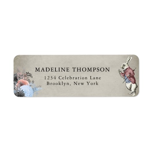 Blush Dusty Blue Floral Rabbit Alice in Wonderland Etiket (Voorkant)