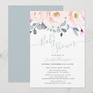 Blush & Dusty Blue Waterverf Floral Baby shower Kaart