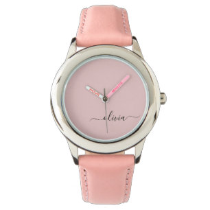 Blush Dusty Pink Modern Script Girly Monogram Naam Horloge