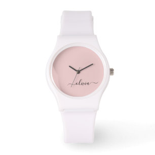Blush Dusty Pink Modern Script Girly Monogram Naam Horloge