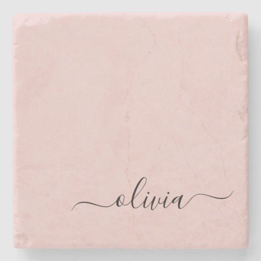 Blush Dusty Pink Modern Script Girly Monogram Naam Stenen Onderzetter (Voorkant)