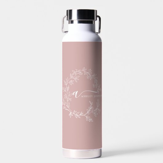 Blush Dusty Pink Modern Script Girly Monogram Naam Waterfles (Voorkant)