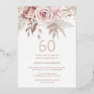 Blush & Dusty Roos 60th Birthday Roos Gold Folie Uitnodiging