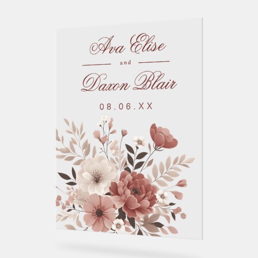 Blush & Dusty Roos Bloemen Bruiloft Acryl Bord (Hoek)