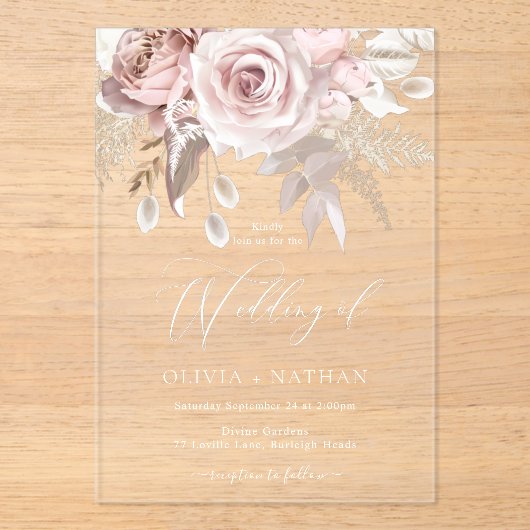 Blush Dusty Roos Boho Trending Alle Seizoenen Trou Acryl Uitnodigingen (Voorkant)