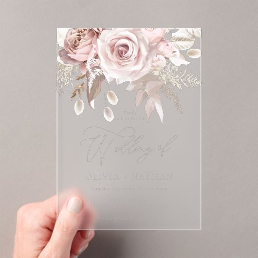 Blush & Dusty Roos Boho Trending Designer Wedding Acryl Uitnodigingen (Insitu (Draagbaar))