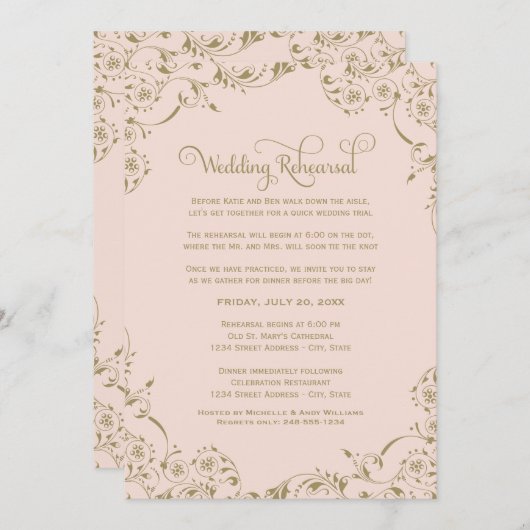 Blush en Antiek gouden bruiloft repetitie Kaart (Voorkant / Achterkant)