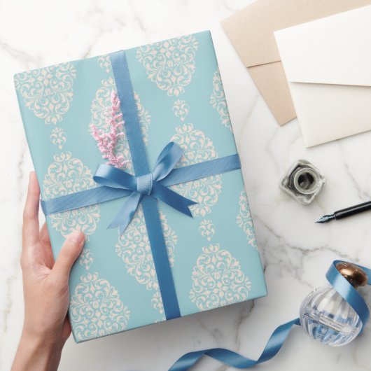 Blush en Blauw Damast Patroon Cadeaupapier (Geschenken)