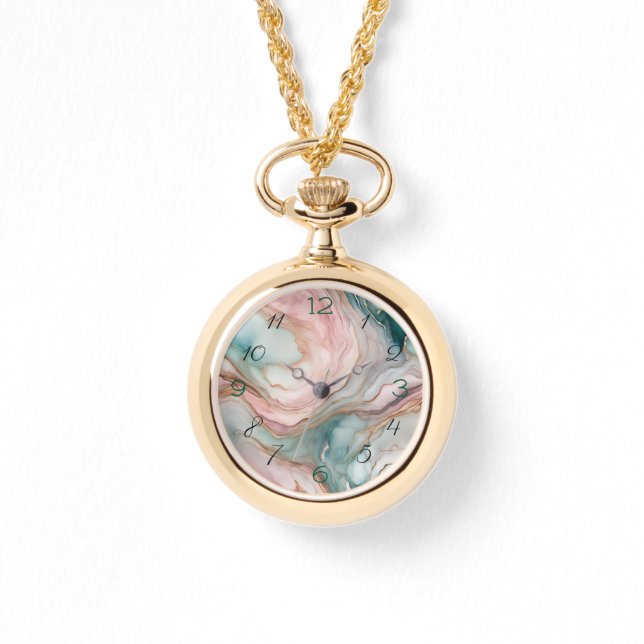 Blush en Blauwgroen gemarmerde print Horloge (Voorkant)