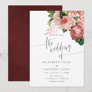 Blush en Bourgogne Floral Wedding Invite Kaart