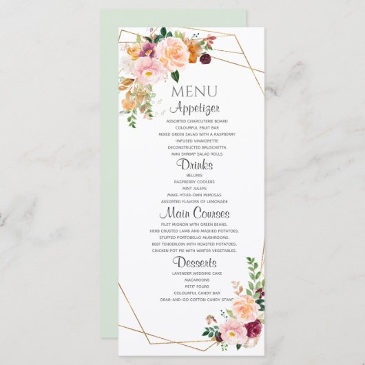 Blush en Bourgogne Rozen Flat Menu. Menu (Voorkant / Achterkant)