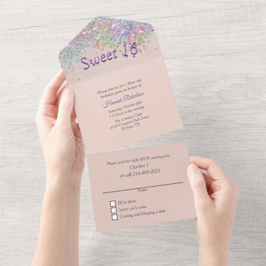 Blush en Confetti Sweet 16 All-in-One uitnodiging (Afscheurbaar)